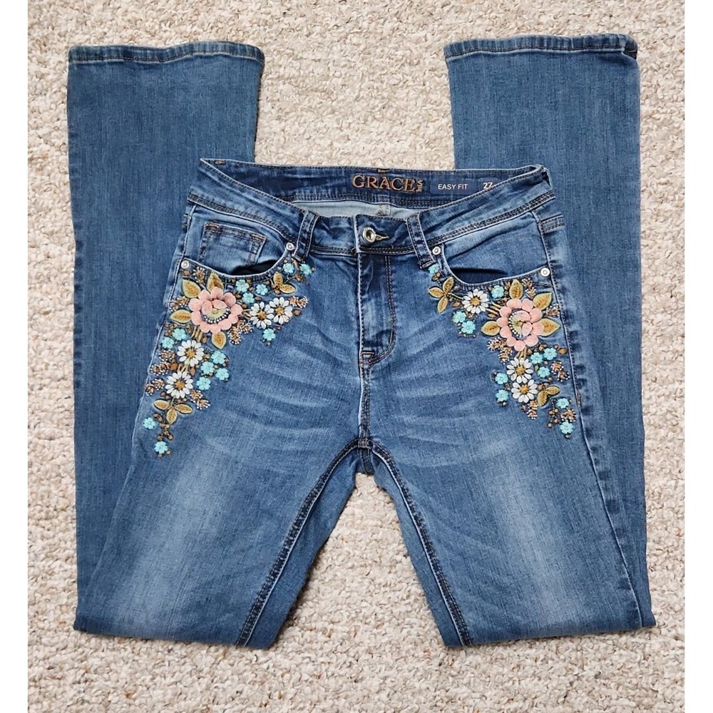 Grace in LA Easy Fit Women's Straight Leg Medium Wash Embroidered Jeans 27